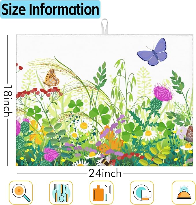 Large Dish Drying Mat for Kitchen Counter,18"X24" Meadow Plants Flowers and Butterflies Absorbent Reversible Microfiber Dish Drying Mat Dish Drainer Mat,Drying Pad for Kitchen Countertop Coffee Bar