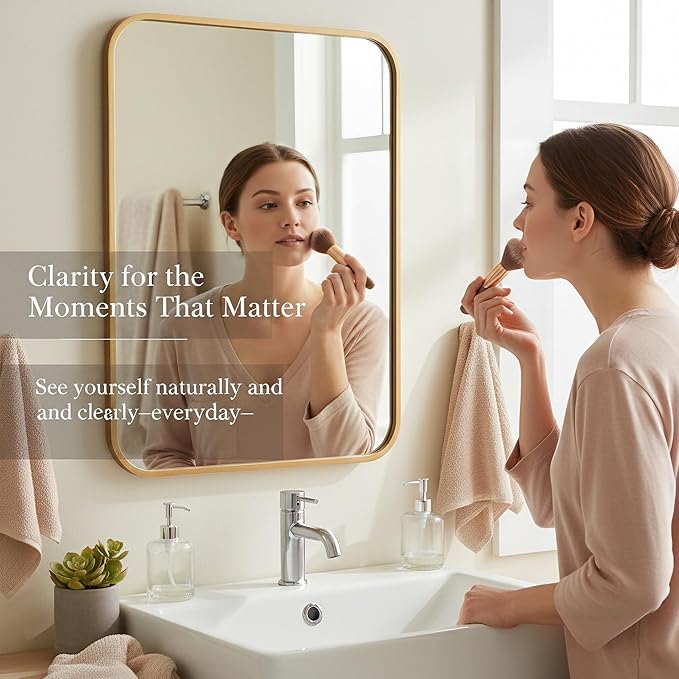 2 Pack Bathroom Mirrors for Over Sink, 22"x30" Gold Framed Vanity Mirror, Rounded Corner Rectangular Metal Mirror for Wall, Mid Century Modern Decor