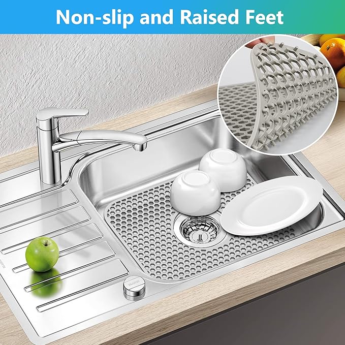 Sink Protectors for Kitchen Sink,2 PCS Silicone Kitchen Mat 13.58"x11.6",Non-Slip Bottom Guard Compatible with Farmhouse/Stainless Steel/Porcelain(Grey, Ceter Drain)