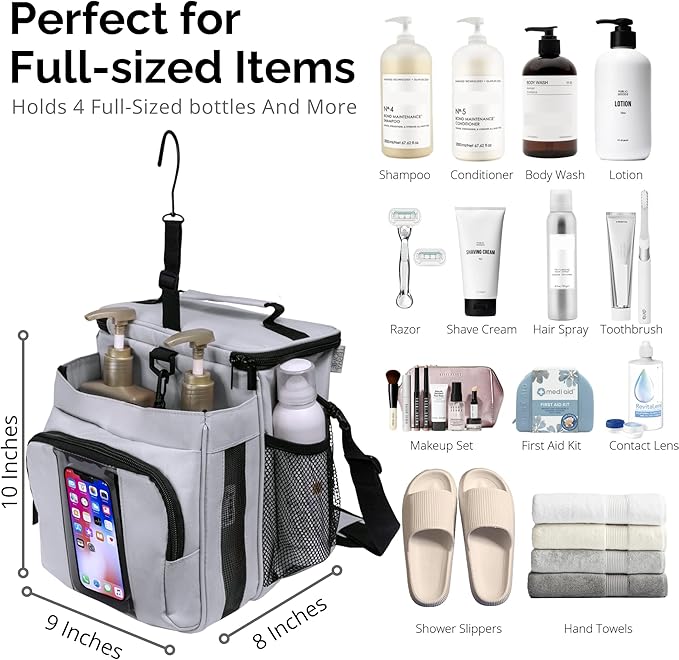 Portable Shower Caddy Bag- Large Capacity, Quick Dry with Metal Hook - Hanging Shower Bag - Breathable Mesh Toiletry Shower Tote for Gym and College Dorm (Grey, Extra Large)