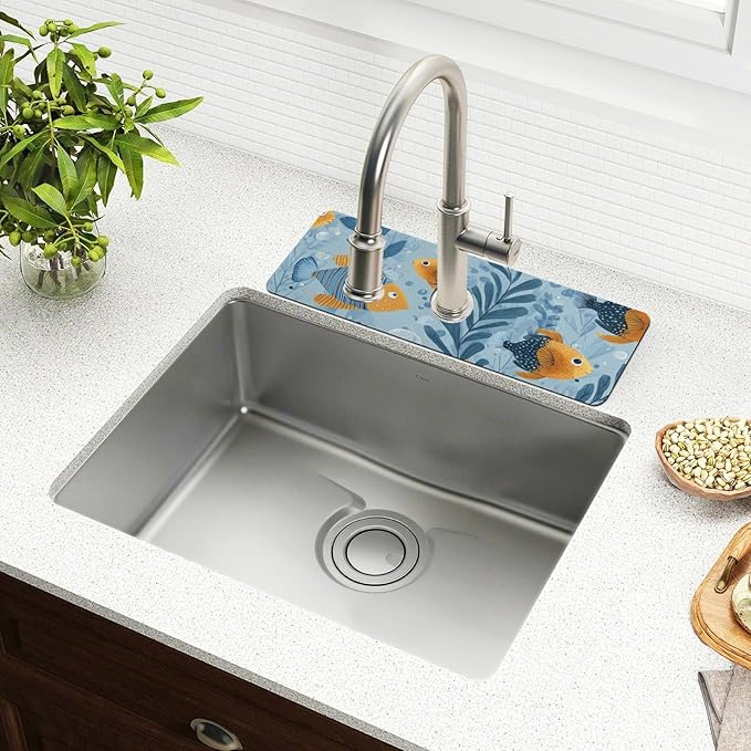 Blue Tropical Fish Bubbles Kitchen Sink Splash Guard Faucet Mat Diatomite Absorbent Pad for Bathroom RV 14.7x5.4in 2PCS water