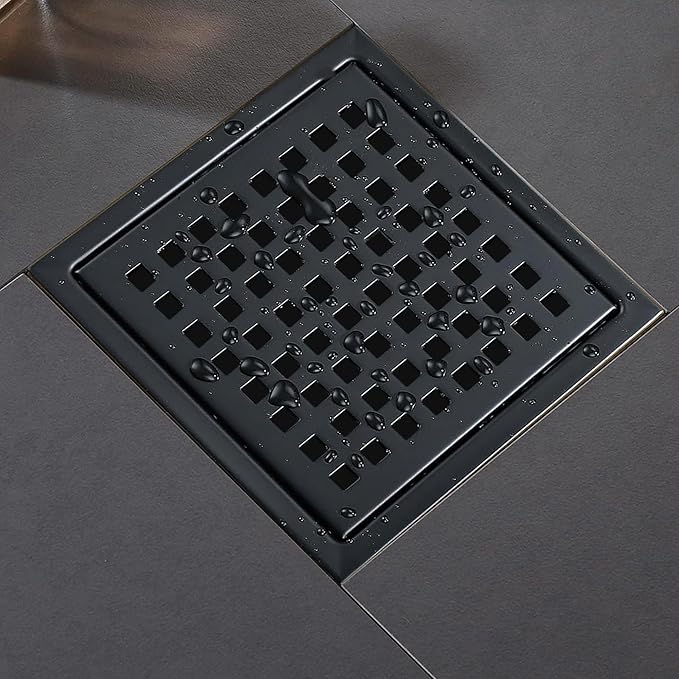 4 Inch Square Shower Floor Drain, Shower Drain Kit with Flange, Square Shower Drain, SUS 304 Stainless Steel Floor Drain,Matte Black