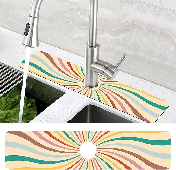 Groovy Retro Swirl Kitchen Sink Splash Guard Mat Absorbent Fast Drying Mat Faucet Draining Mat Sink Splash Guard Behind Faucet Drip Catcher for Kitchen Bathroom 5.5"×24"