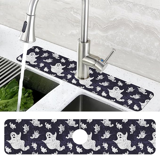 Halloween Vintage Ghost Dish Drying Mat for Kitchen Sink Splash Guard Behind Faucet Sink Mat Absorbent Fast Drying Faucet Draining Mat for Bathroom Kitchen 5.5"×24"