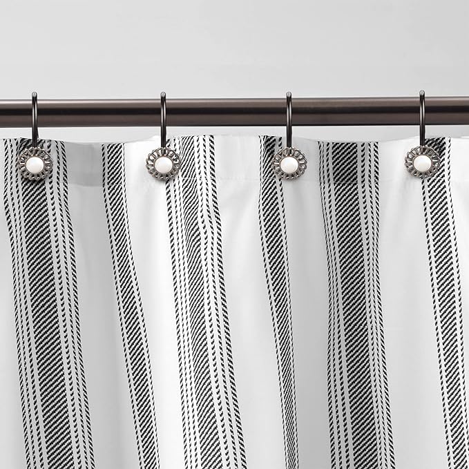 Oil Rubbed Bronze Shower Curtain Hooks, Decorative Sunflower Shower Curtain Rings for Bathroom Shower Curtain Rods and Liner,Metal Shower Hooks, Floral Pearl Shower Rings for Curtain Set of 12