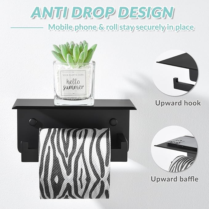 APLusee Matte Black Toilet Paper Holder with Shelf, Left Side 304 Stainless Steel Tissue Hanger, Wall Mounted