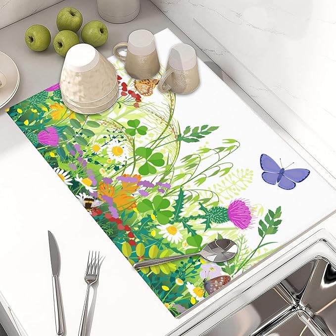Large Dish Drying Mat for Kitchen Counter,18"X24" Meadow Plants Flowers and Butterflies Absorbent Reversible Microfiber Dish Drying Mat Dish Drainer Mat,Drying Pad for Kitchen Countertop Coffee Bar