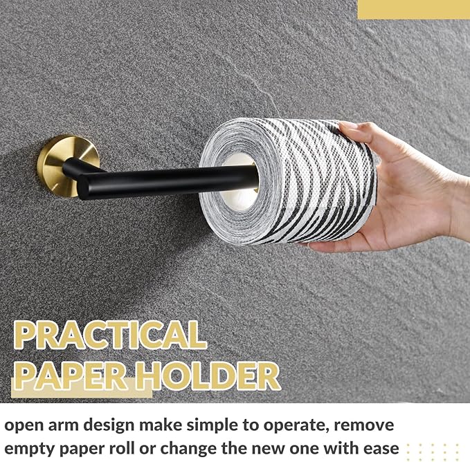 Toilet Paper Holder, APLusee Stainless Steel Half Open Round Tissue Roll Hanger, Bathroom Kitchen Wall Storage (Black & Gold)