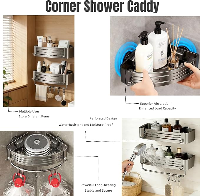 2Pcs Corner Shower Shelf Caddy Suction Cup, No Drill Hole with Towel Bar and Hook, Gray Bathroom Storage Rack, Zero Drill Square Shelves, Store Toiletries and Bath Towel for Bathroom Kitchen RV