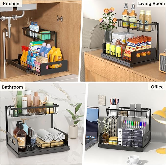 2 Pack Under Sink Organizer, 2 Tier Pull Out Cabinet Organizer,Slide out Metal Cabinet Organizers Multi-Purpose Drawer Shelf for Kitchen Bathroom Pantry Cabinet Closet Organization Rack,Black