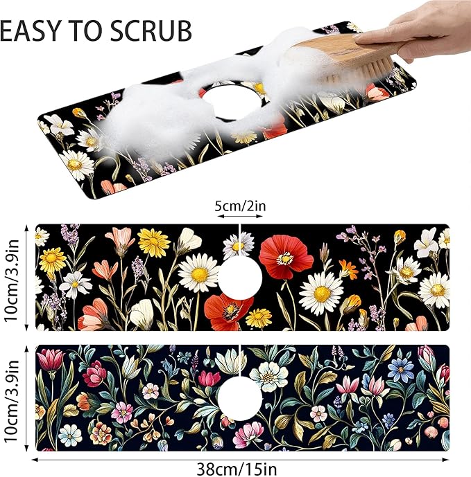 Bimkole 2 PCS Faucet Absorbent Mat, Kitchen Faucet Sink Splash Guard Wraparound Cloth Pads Drip Catcher for Sink Faucet for Kitchen Bathroom Faucet, Colorful Faucet Mat, 15 x 4 Inch Flower A1