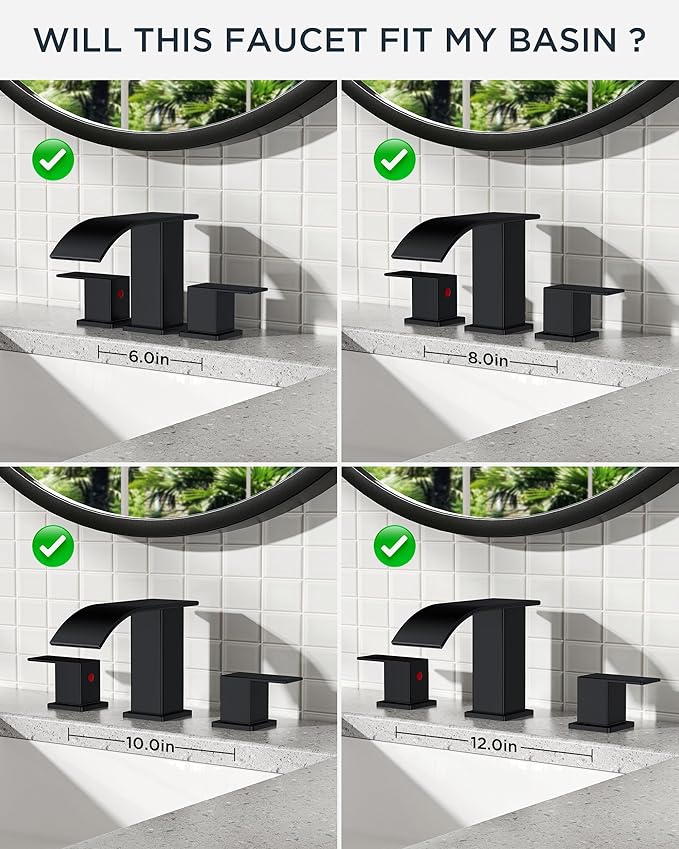 FORIOUS Square Matte Black Bathroom Faucets 3 Hole, Waterfall 8 Inch Widespread Bathroom Sink Faucet with Metal Pop-up Drain and Supply Lines, Two Handles for Vanity, RV, Farmhouse