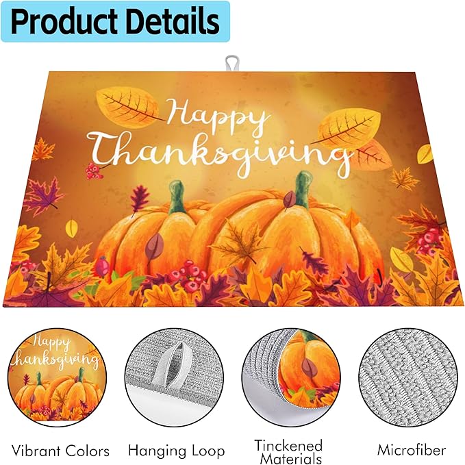 Large Dish Drying Mat for Kitchen Count,Happy Thanksgiving Dish Drying Mat,Fall Pumpkins Maple Leaves Harvest Dish Drainer Mat Drying Pad,Super Absorbent Reversible Microfiber 18"X24"