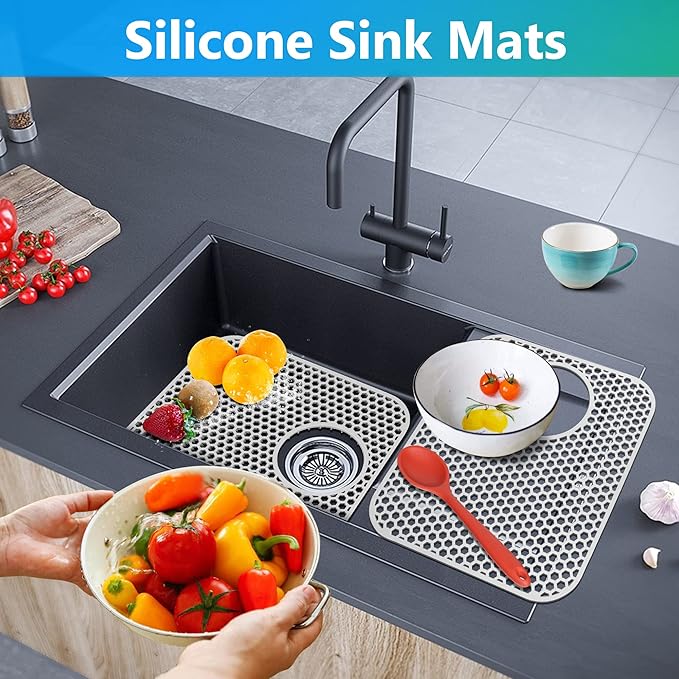 Sink Protectors for Kitchen Sink,2 PCS Silicone Kitchen Mat 13.58"x11.6",Non-Slip Bottom Guard Compatible with Farmhouse/Stainless Steel/Porcelain(Grey, Rear Drain)