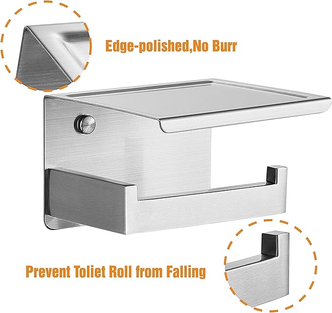 HITSLAM Brushed Nickel Silver Toilet Paper Holder, Stick on Silver Toilet Paper Holder with Shelf, Self Adhesive No Drill or Wall-Mount with Screws for Bathroom