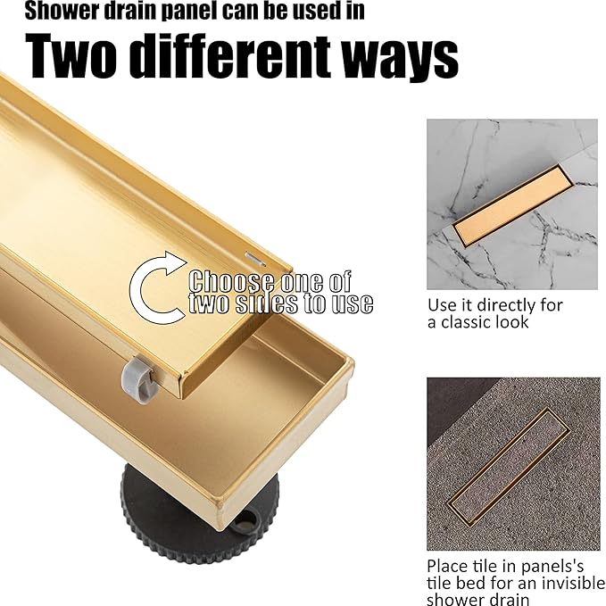 12 inch Linear Shower Drain with Removable Square Hole Panel by Using Brushed 304 Stainless Steel Process, Linear Drain Equipped with Adjustable Feet and Hair Strainer(Brushed Gold Color)