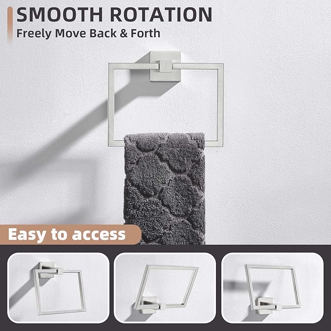 Hand Towel Ring Swivel Brushed Nickel, Angle Simple SUS 304 Stainless Steel Square Towel Holder for Bathroom Wall, 7.09 Inches