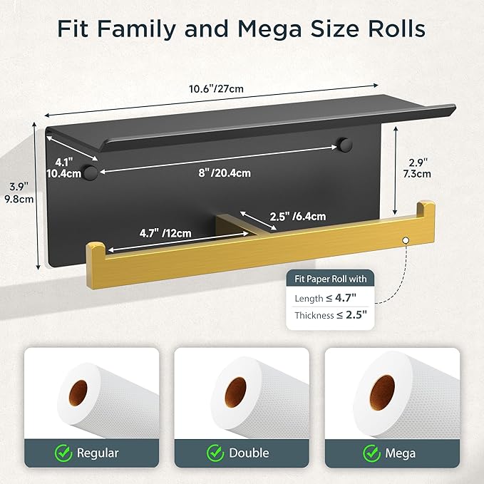 FORIOUS Toilet Paper Holder with Shelf, 304 Stainless Steel Wall Mount Commercial Toilet Paper Dispenser, Double Tissue Roll Holder for Bathroom (Matte Black & Brushed Gold)