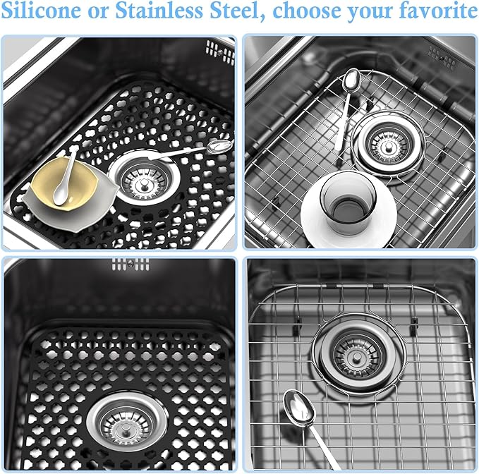 2 Pack Silicone Sink Protector for Kitchen Sink Bathroom, 13.58"x 11.6" Heat-resistant Sinks Mat, Non-Slip and Durable Sinks Protectors Silicone, Center Drain (Black)