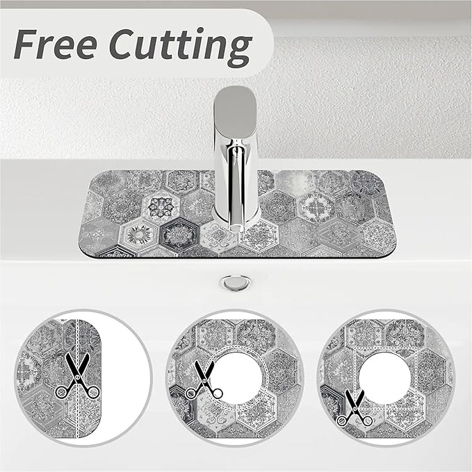 Kitchen Sink Splash Guard，Retro hexagonal tiles Faucet Mat Sink Gadgets-Super Absorbent Fast Drying Mat Drip Catcher for Kitchen, Bathroom,Sink Mat, Dish Drying Mat, Bathroom(15" X 5.5" )