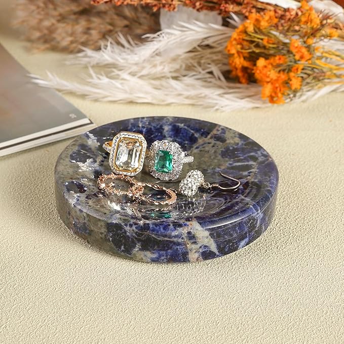 Koville Marble Jewelry Dish, Small Round Trinket Dish for Ring Necklace Earring, 4" Decorative Dish, Aesthetic Home Table Decor, Natural Stone Soap Dish for Bathroom Kitchen((Blue)