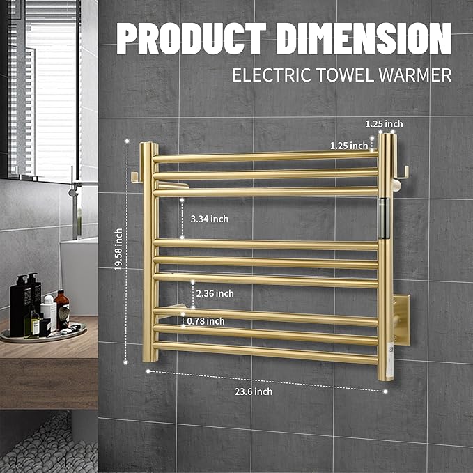 K&KALONZO Towel Warmer for Bathroom, Wall-Mounted 9-Bar Heated Towel Rack with Built-in Timer, Waterproof Electric Towel Heater, Support Plug-in and Hardwired, Brushed Gold, EL13S