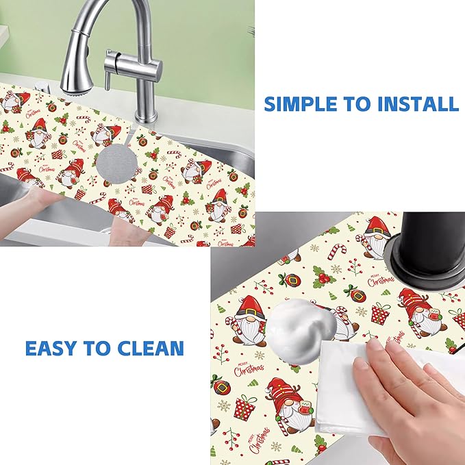 Christmas Santa Claus Kitchen Sink Splash Guard Mat Absorbent Fast Drying Mat Faucet Draining Mat Sink Splash Guard Behind Faucet Drip Catcher for Kitchen Bathroom 5.5"×24"