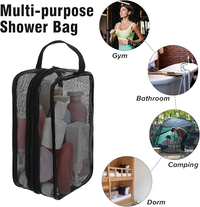 1 Pcs Portable Travel Mesh Toiletry Bag Mesh Shower Caddy Quick Dry Tote Bags Dorm Toiletry Organizer for Women Men Gym Bag Camping Organizer Hanging Bathroom Mesh Bag Black 9.8 × 6.3 × 4.3 Inch