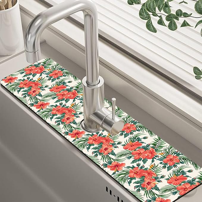 Tropical Leaves and Red Floral Kitchen Sink Splash Guard Mat Absorbent Fast Drying Mat Faucet Draining Mat Sink Splash Guard Behind Faucet Drip Catcher for Kitchen Bathroom 5.5"×24"