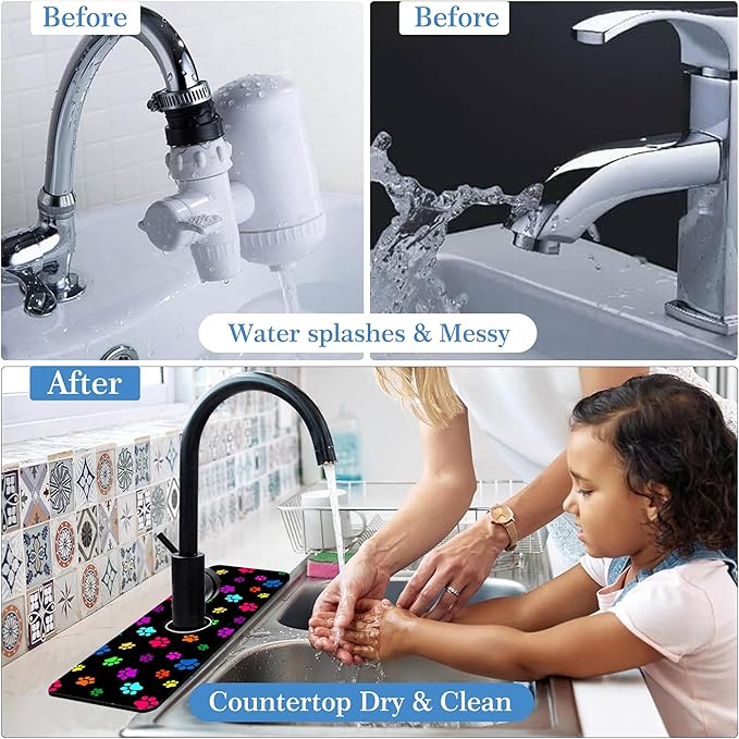 Dog Paw Print Faucet Mat for Kitchen Sink Animal Footprint, Soft Diatom Mud Material, Strong Water Absorption, Non-slip, Easy to Clean for Bathroom, Kitchen 15"X5.5"