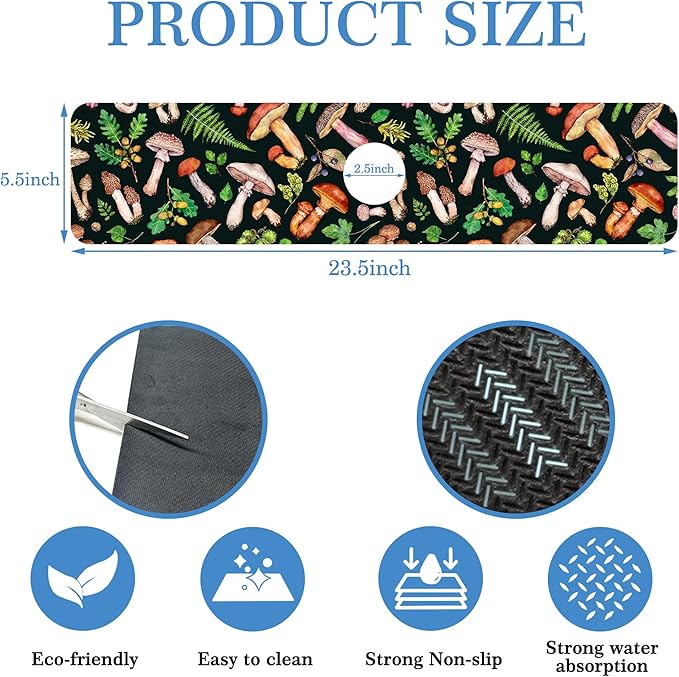 Mushroom Fern Leave Acorn Faucet Mat for Kitchen Sink Watercolor Forest, Soft Diatom Mud Material, Strong Water Absorption, Non-slip, Easy to Clean for Bathroom, Kitchen 23.5"X5.5"