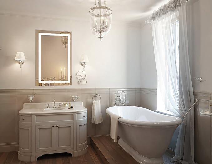 Krugg | 24 Inch X 36 Inch LED Bathroom Mirror | Lighted Vanity Mirror Includes Dimmer & Defogger | Wall Mount Vertical or Horizontal Installation