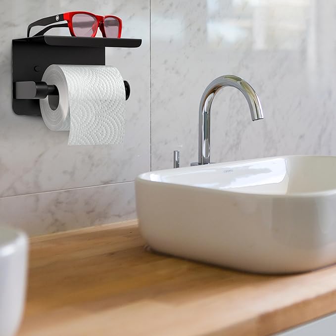 Matte Black Toilet Paper Holder with Shelf, SUS304 Stainless Steel Wall Mounted, Dual Installation Adhesive or Screw, Rustproof Modern Bathroom Tissue Roll Holder