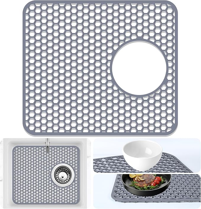 Sink Protectors Mat - 13.5"x11.57" Kitchen Sink Pad for Bottom of Basin for Protection of Stainless Steel and Tableware, Farmhouse Rubber Basin Mat Protector with Side Drain - Light Gray