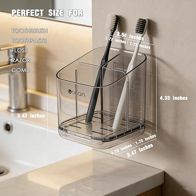 Toothbrush Holders for Bathroom - Detachable Divided Design, Drawer Drainage Tray, Adhesive Wall-Mounted/Countertop Dual-Use, Large Capacity Organizer for Bathroom/Kitchen/Office, Easy Install (Grey)