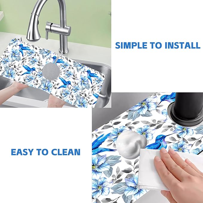 Blue Floral and Hummingbird Dish Drying Mat for Kitchen Sink Splash Guard Behind Faucet Sink Mat Absorbent Fast Drying Faucet Draining Mat for Bathroom Kitchen 5.5"×15"