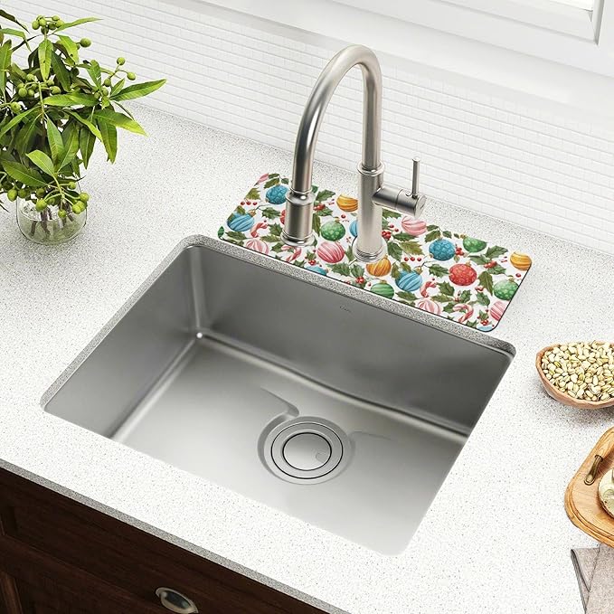 Christmas Baubles Holly Bells Sweet Kitchen Sink Splash Guard Sink Faucet Mat Faucet Handle Drip Catcher Drain Mats for Kitchen Bathroom Countertop Absorbent Dish Drying Pad 2Pack 3