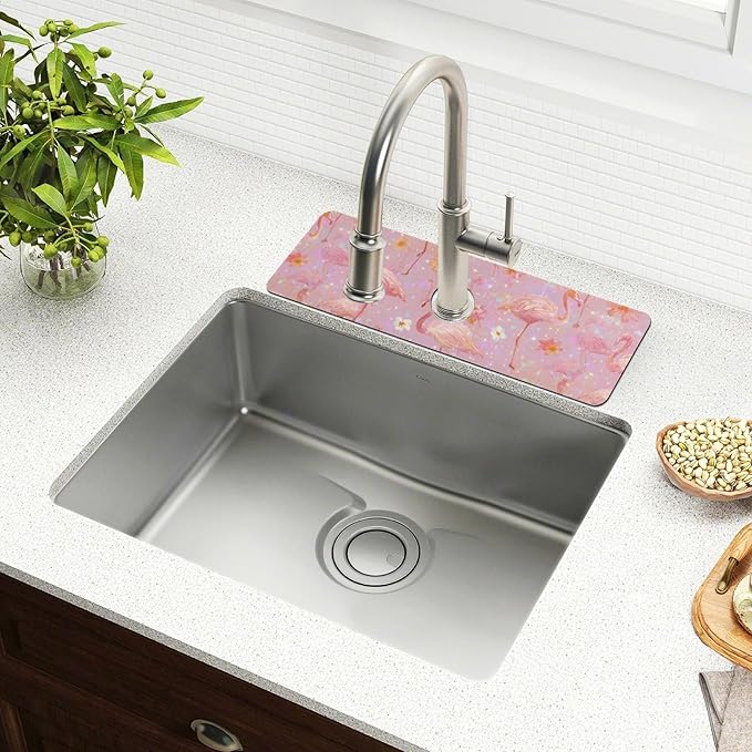 Kitchen Sink Splash Guard 2 PCS 14.7 Inch Sink Faucet Mat Splash Guard for Bathroom Countertop Water Absorbent Foldable Cuttable Soft Washable Pink Gradient Flamingo and Petals
