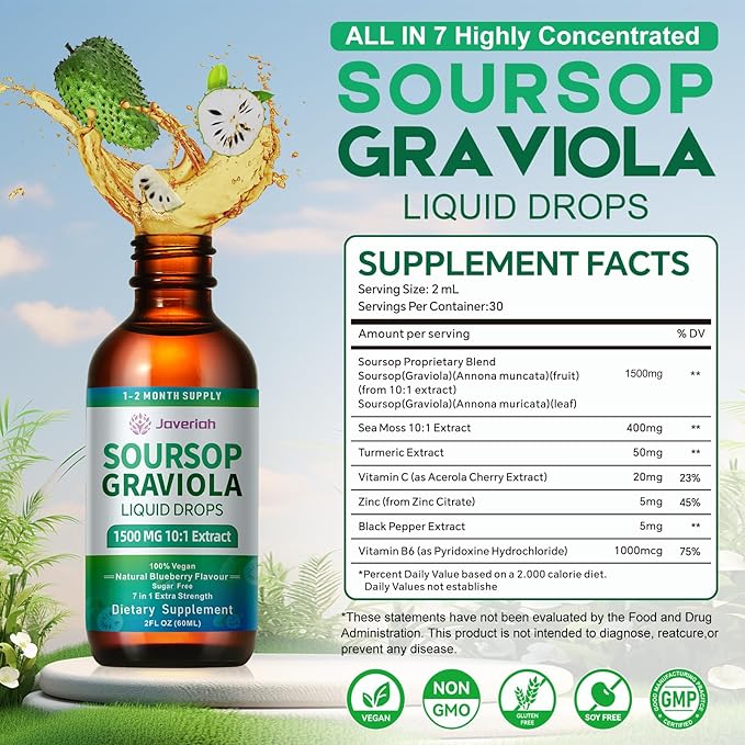 Soursop Bitters Liquid Drops Supplement with Irish Sea Moss & Turmeric for Cellular Support, Immune System Boost, Liver Health, Soursop Graviola Liquid Leaves Extract 2 Month Supply 60ML