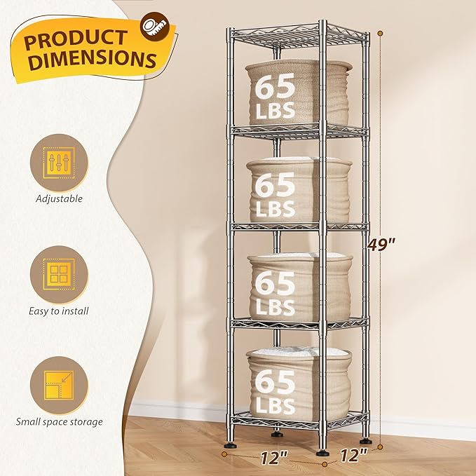 5 Shelf-Wire Shelving Metal Shelves Storage Rack:Adjustable Storage Shelves Standing Shelf Units and Narrow Shelf for Laundry Bathroom Kitchen Pantry Closet Office 12''Wx12''Dx49''H Chrome
