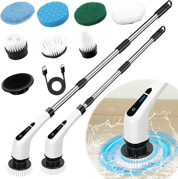 Electric Spin Scrubber, TSGLO 2022 New Cordless Shower Cleaning Brush with 7 Replaceable Brush Heads&Adjustable Extension Long Handle, 360 Power Tub&Tile Scrubber for Bathroom, Glass, Sink, Floor