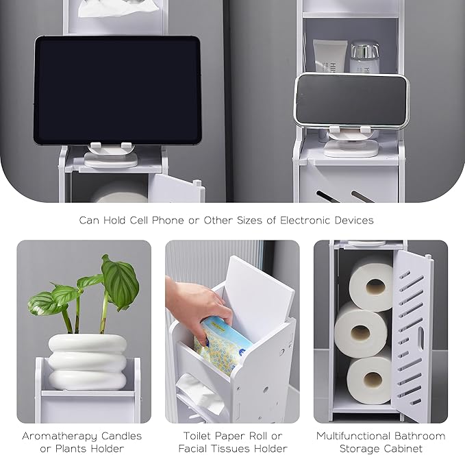 Doxo White Toilet Paper Holder Stand, Large Capacity Slim Bathroom Storage Cabinet and Organizers for Small Space, Beside Toilet Storage Cabinet (White)