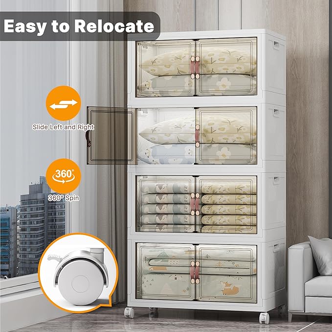 Extra Large Stackable Storage Bins with Lids & Wheels & Door, 640QT-160QT/40GAL*4Pack Foldable Collapsible Closet Organizers, Plastic Containers Drawers for Bedroom Dorm Garage Sturdy MAX