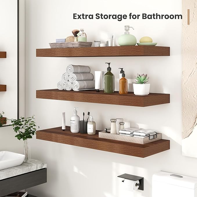 Heimlove 12 Inch Deep Floating Shelves, 16 x 12 inches Long Wall Shelf, Large Extra Display Shelf & Storage Shelf, Rustic Wood Wall Shelves for Fireplace Mantel, Walnut - 2Pack