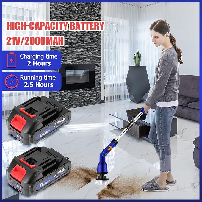 2 Batteries Electric Cleaning Brush for Bathroom, 1200RPM Power Cordless Spin Scrubber with 6 Replaceable Brush Heads and Telescopic Handle, 2 Speeds for Shower Bathtub Kitchen Window Car