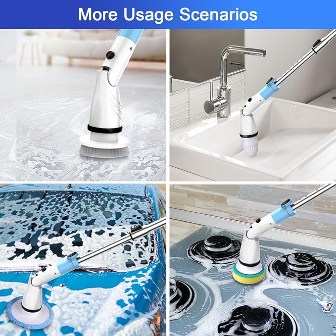 Electric Spin Scrubber,Cordless Spin Cleaning Scrubber with 5 Replaceable Brush Heads,Power Full Cleaning Brush Scrubber 450RPM,Adjustable Telescopic Handle&90min Runtime for Bathroom (Off White+Blue)