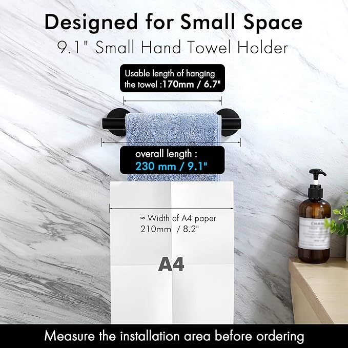KES 6.7 Inches Matte Black Hand Towel Bar Bathroom Towel Holder Kitchen Dish Cloths Hanger SUS304 Stainless Steel RUSTPROOF Wall Mount, Total Length 9.1 Inch, A2000S23-BK