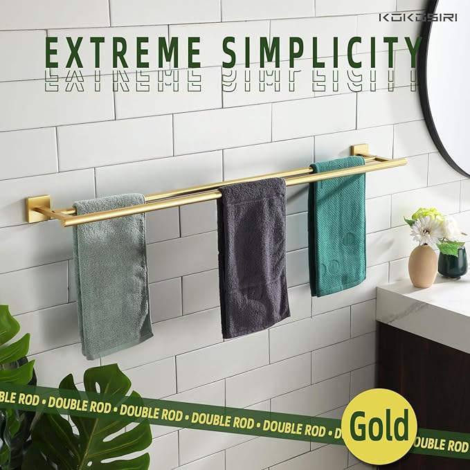 KOKOSIRI Bathroom Towel Bar 36'' Towel Holder with Two Rails Wall Mount Towel Shelves 36 Inch Brushed Gold Stainless Steel B5005BG-L36