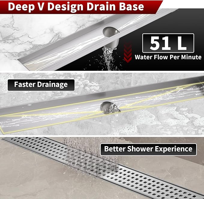 Sharp-tec 28 inch Linear Shower Drain, Brushed Rectangular Floor Drain, V-Shape Design Drain Channel, 304 Stainless Steel, cUPC Certificated for Bathroom Shower Room (Drain Base is Not Included)