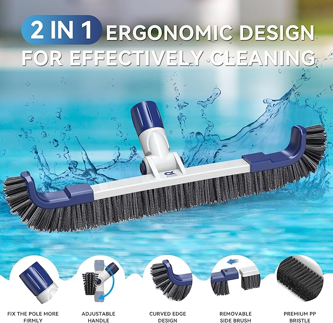 19" 2 in 1 Detachable Curved Edge Pool Brush Head for Inground/Above Ground Pool, Adjustable 180° Handle Rotation, ASA Material Pool Brush for Cleaning Pool Walls, Waterline Tiles & Floors